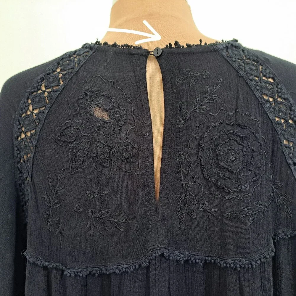 Free People Black Long Sleeve Tiered Lace Midi Dress
